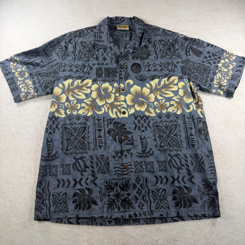Winnie Fashion Mens XL Hawaiian Shirt Blue Cotton Tribal Tropical Floral Hawaii
